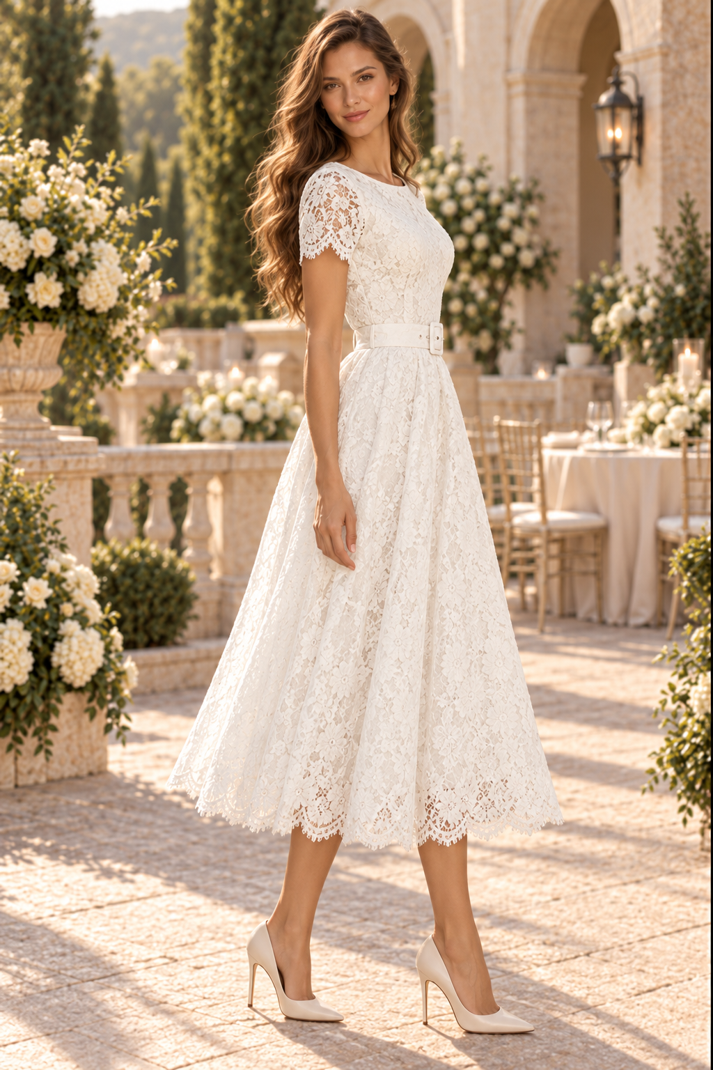 Short-Sleeve Lace A-Line Midi Dress with Belt