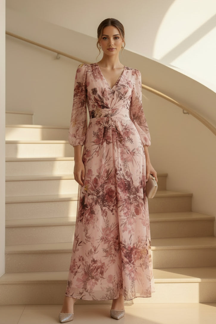 Florales Chiffon Wickelmaxikleid mit 3/4-Ärmeln