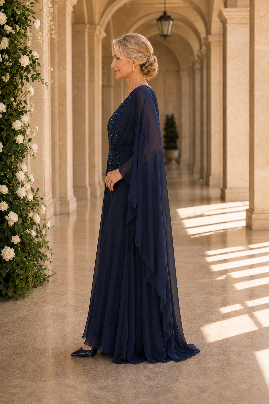 Perlenbesetztes Abendkleid mit V-Ausschnitt und Cape-Ärmeln