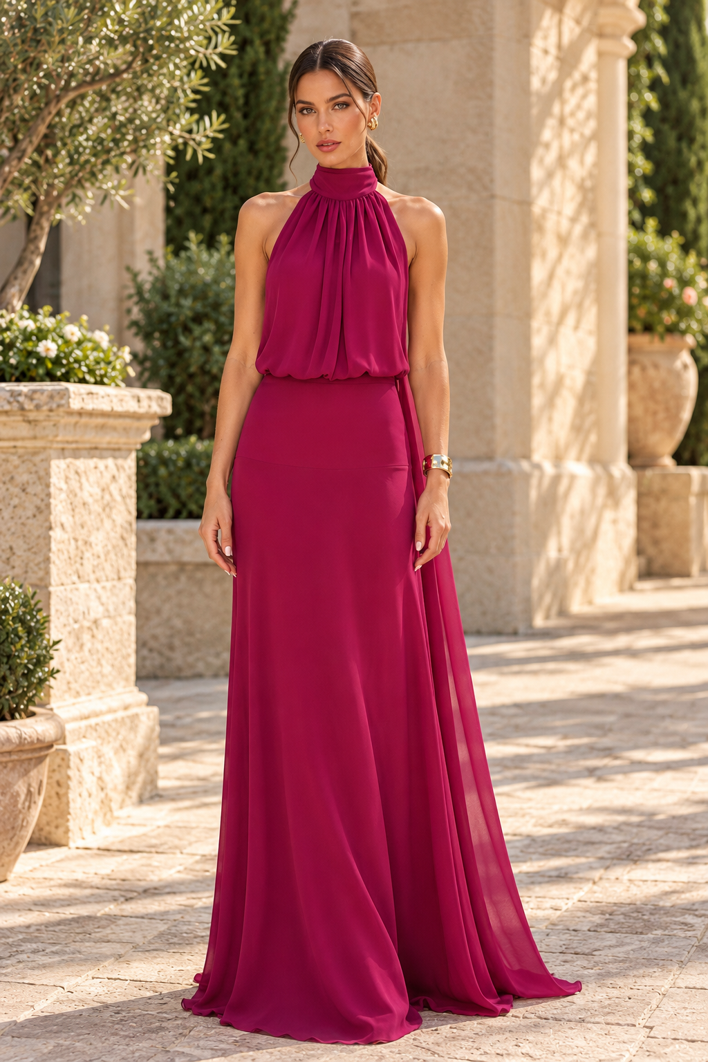 Halter Neck Backless Maxi Dress with Scarf Cape