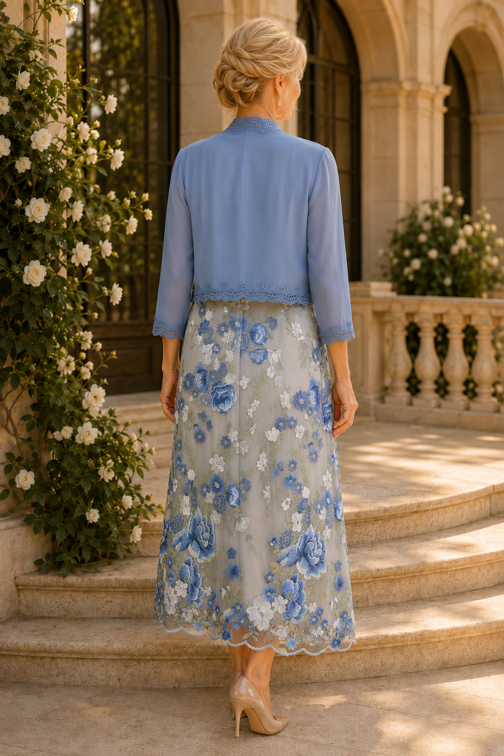 Blumenbesticktes Teelanges Kleid mit Bolero