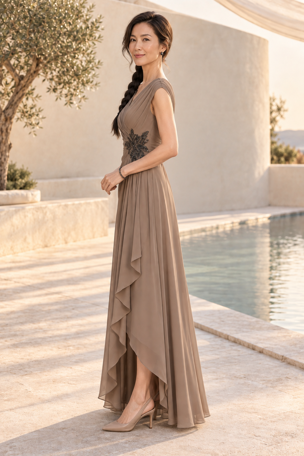 Pleated V-Neck High-Low Gown with Beaded Accent