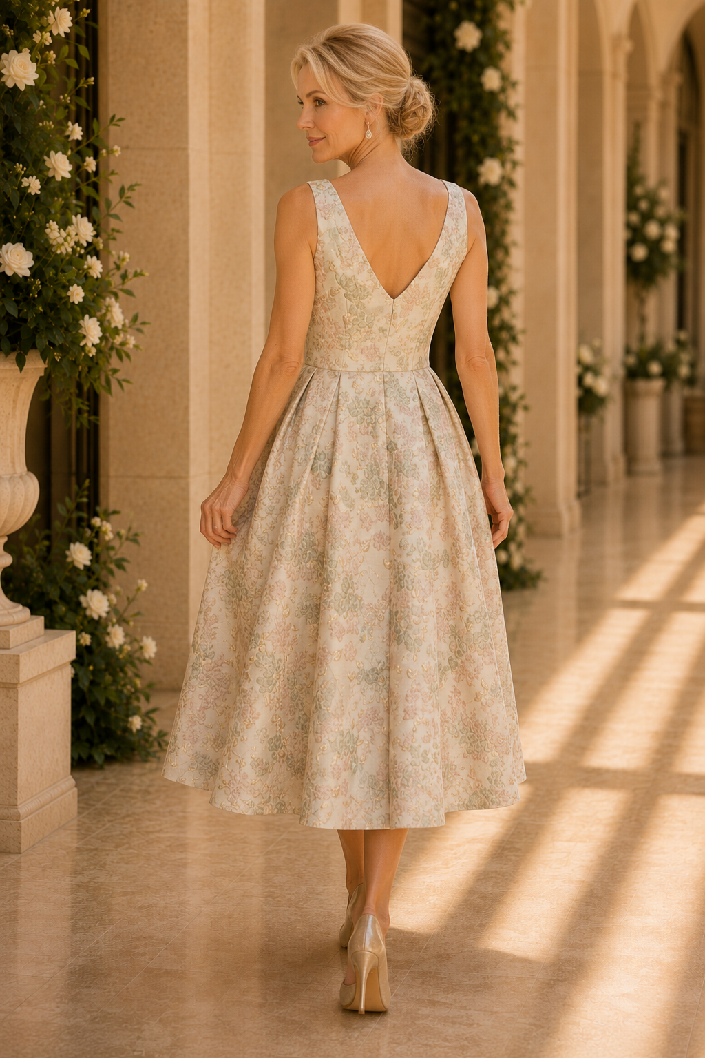 Geblümtes Jacquard-Kleid mit V-Ausschnitt und Schleife, knielang