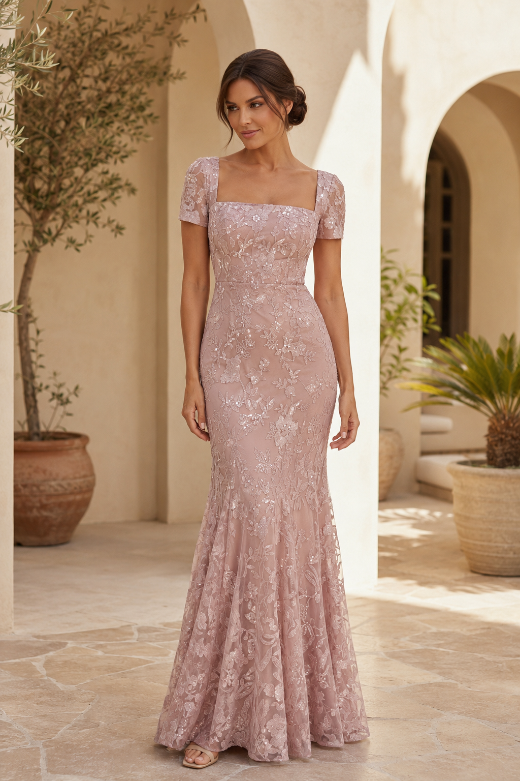 Meerjungfrauenkleid aus Spitze mit eckigem Ausschnitt und kurzen Ärmeln