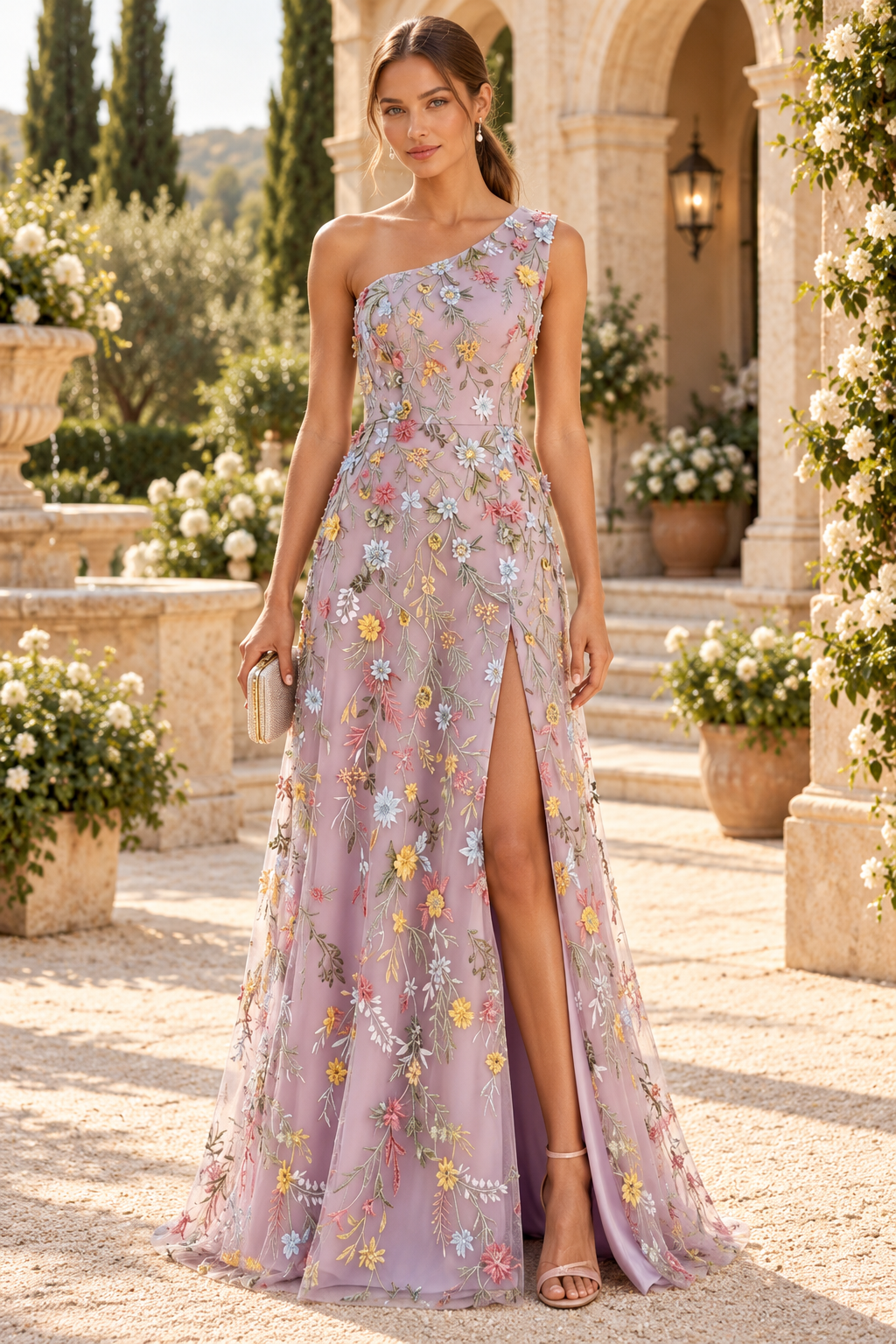 Floral Embroidered One-Shoulder A-Line Gown