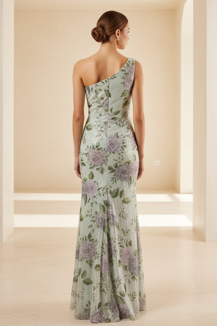 Ein-Schulter-Kleid mit Raffung, Blumenmuster und Pailletten