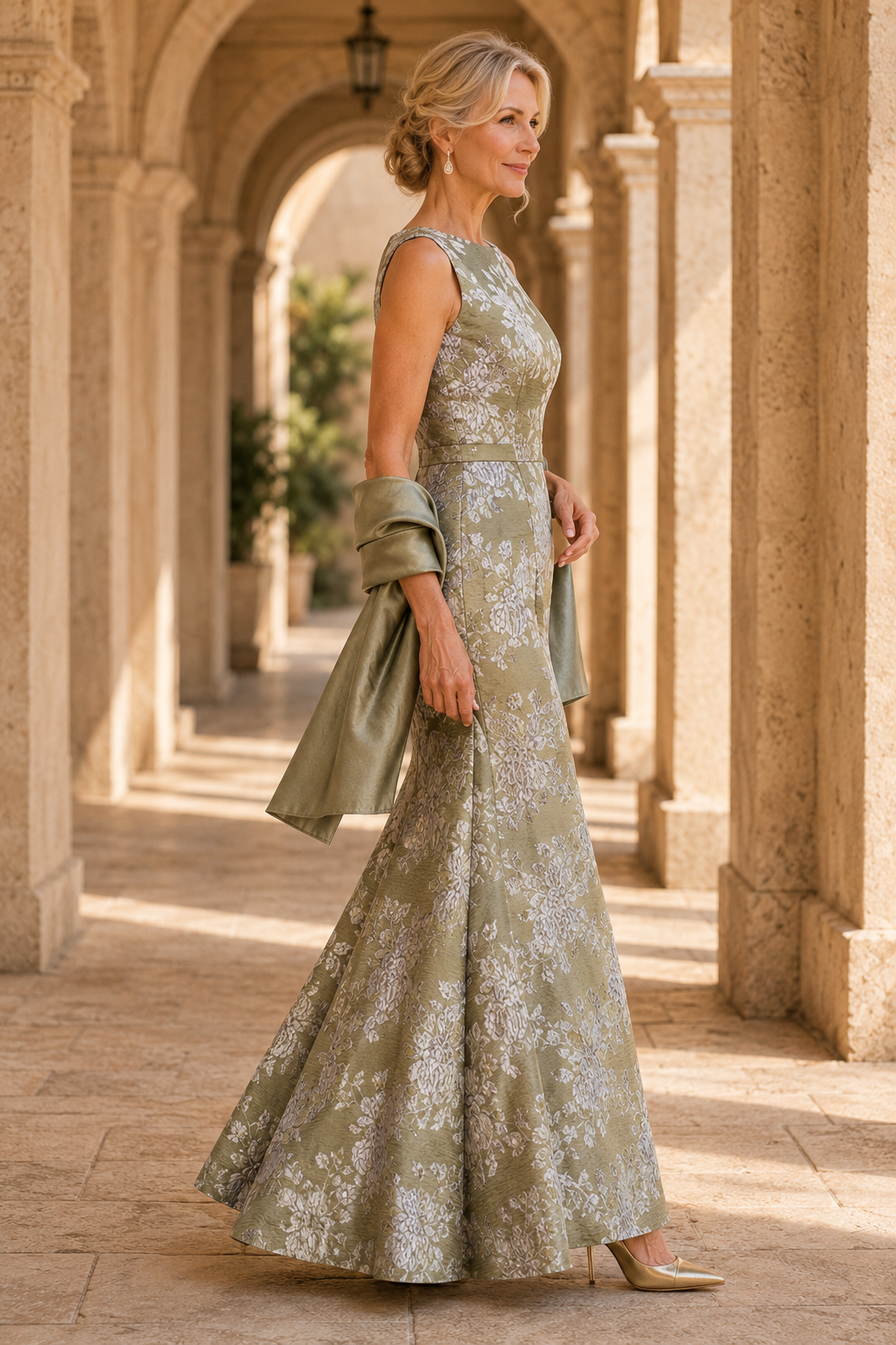 Ärmelloses Abendkleid mit Blumen-Jacquard und Trompetenrock