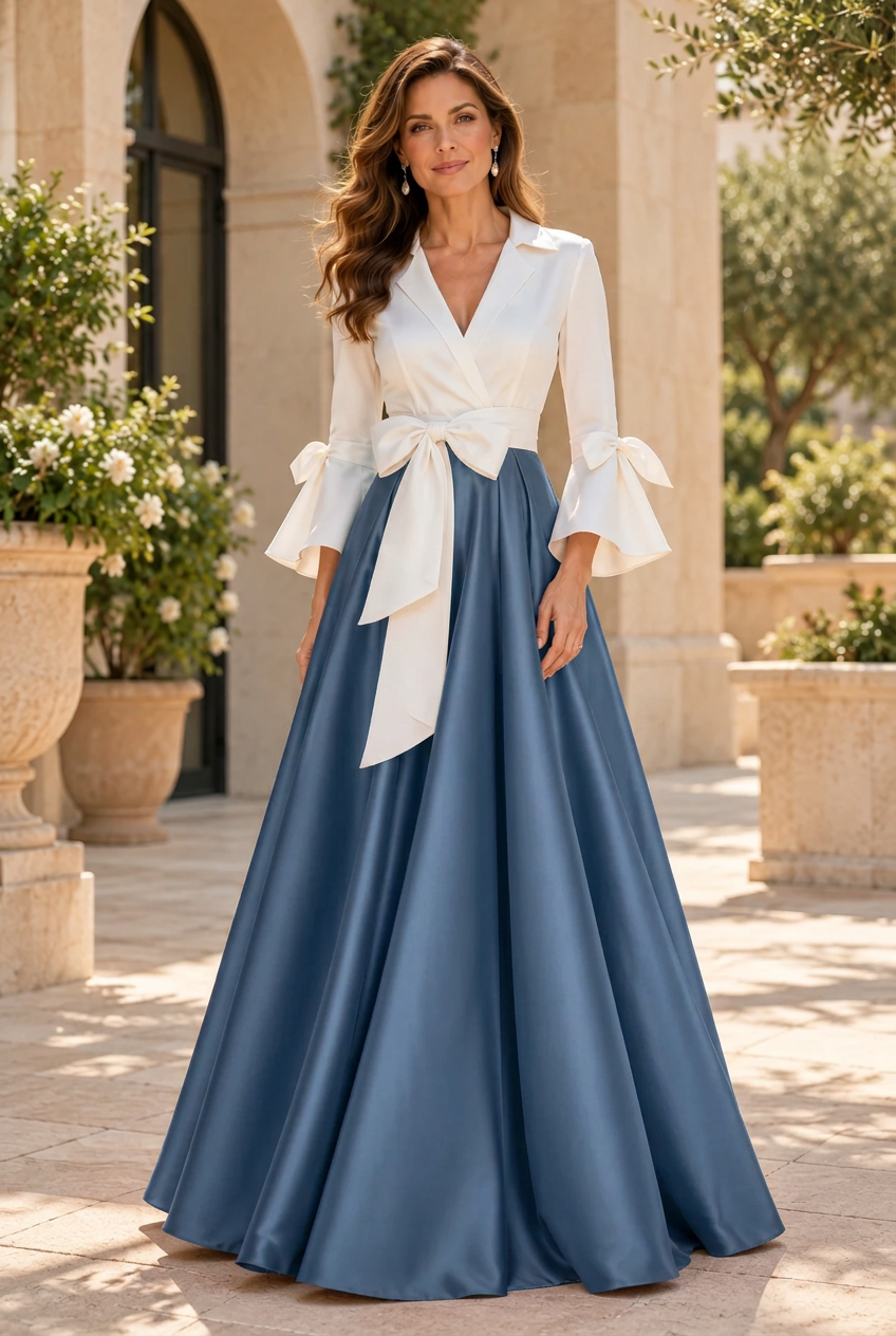 A-Line Gown with Lapel Collar and Flared Sleeves
