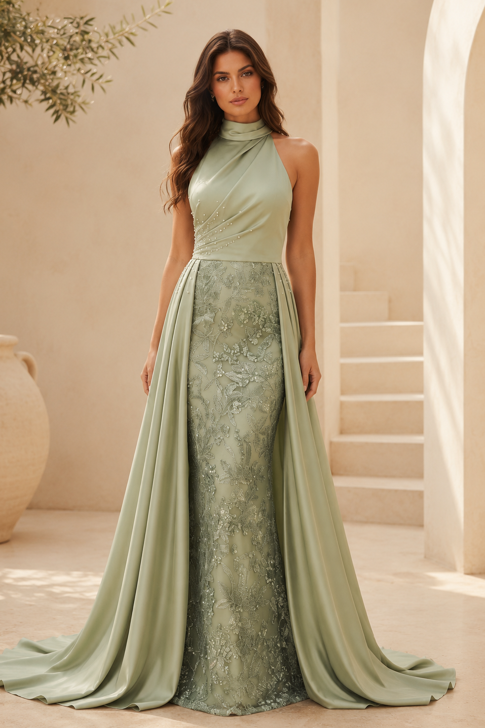 Abendkleid aus Satin mit Neckholder und Spitzrock