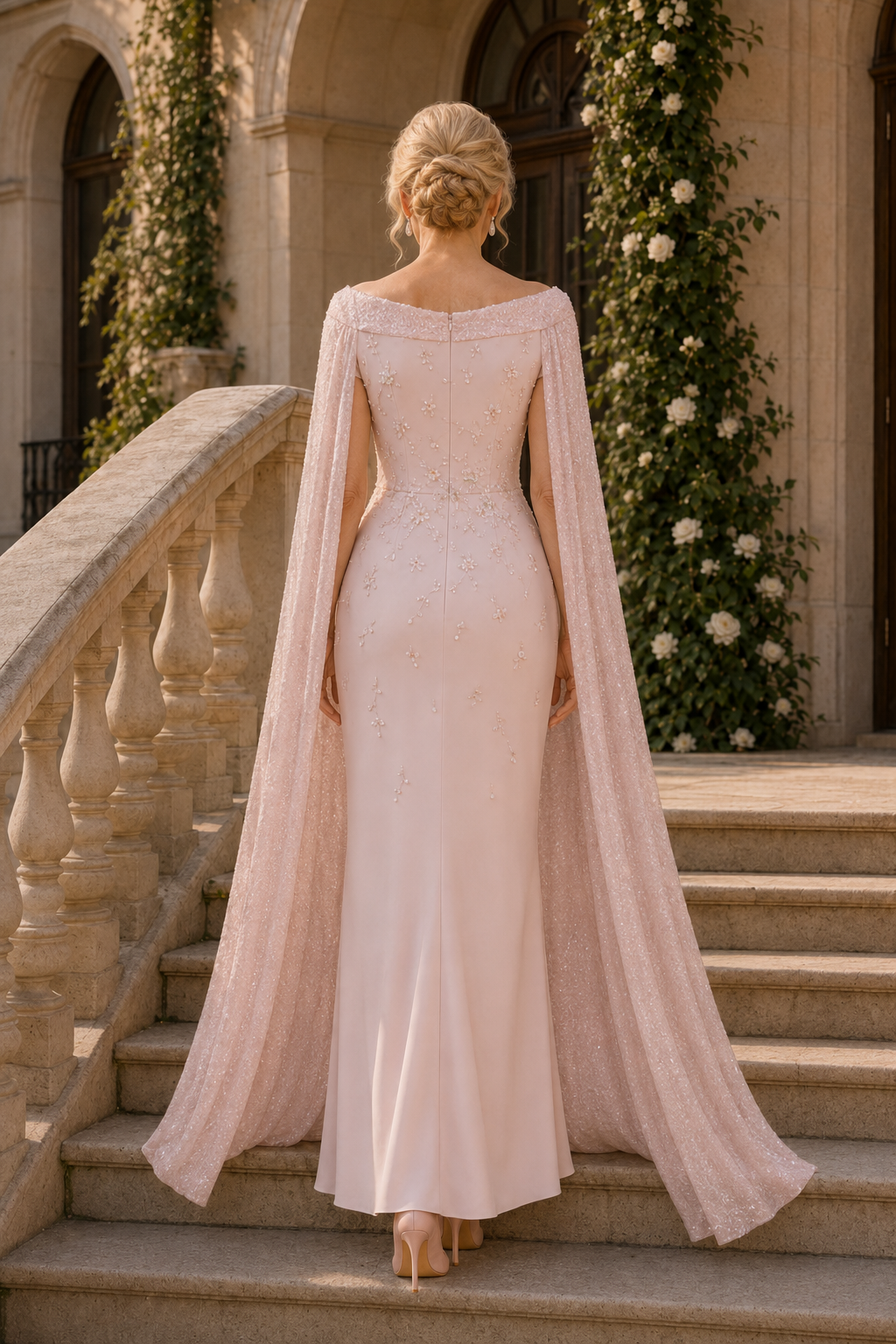Säulenkleid mit Perlenstickerei und schimmerndem Umhang