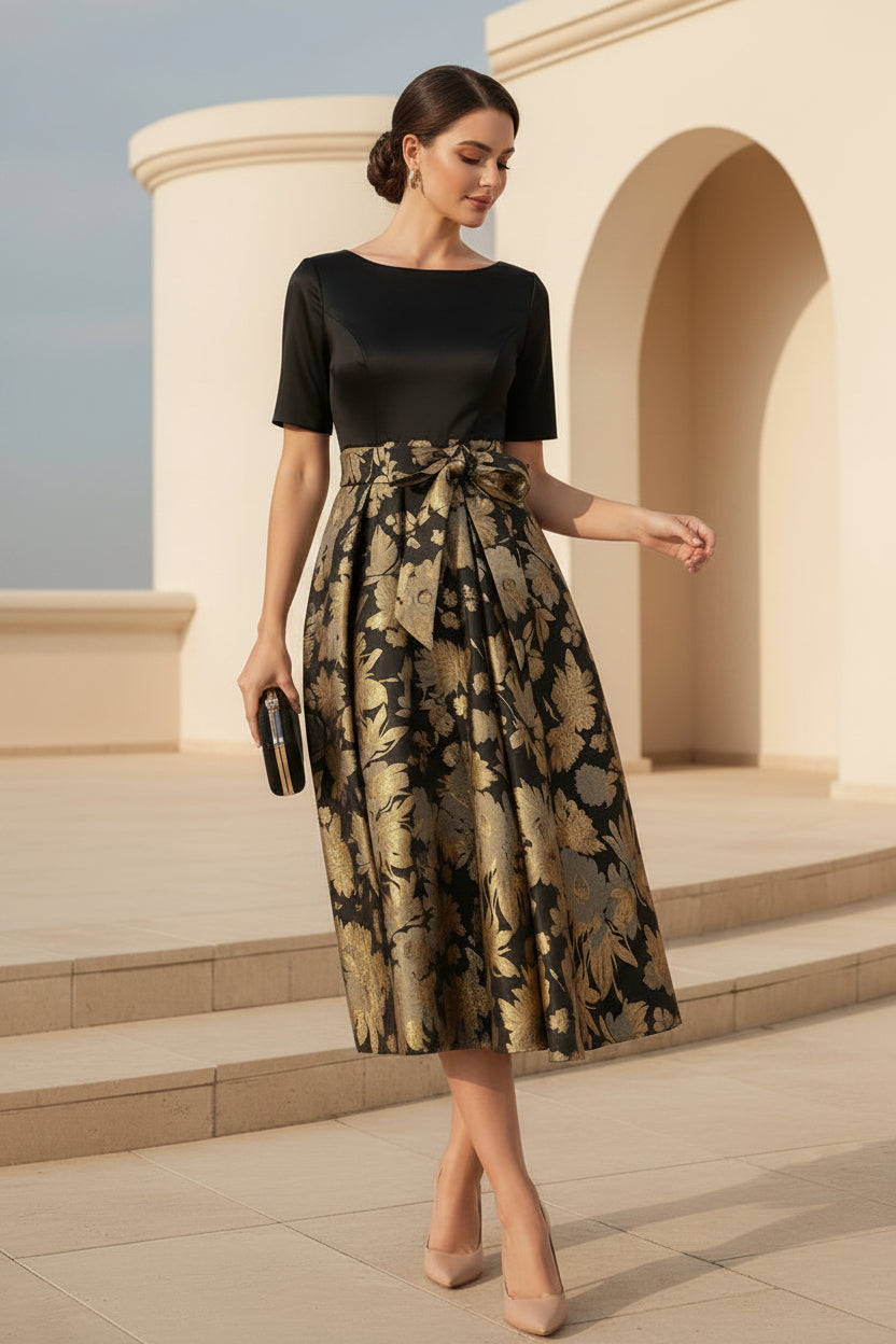 Geblümtes Jacquard A-Linien-Kleid in Teelänge mit Schleife