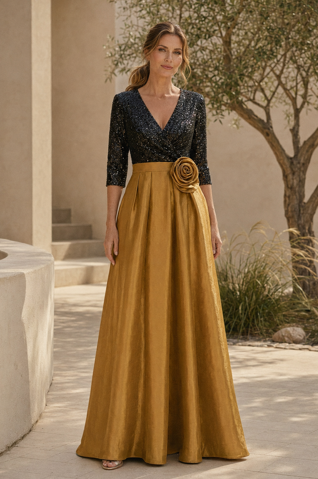 Pailletten-A-Linien-Kleid mit 3/4-Ärmeln und Rosette