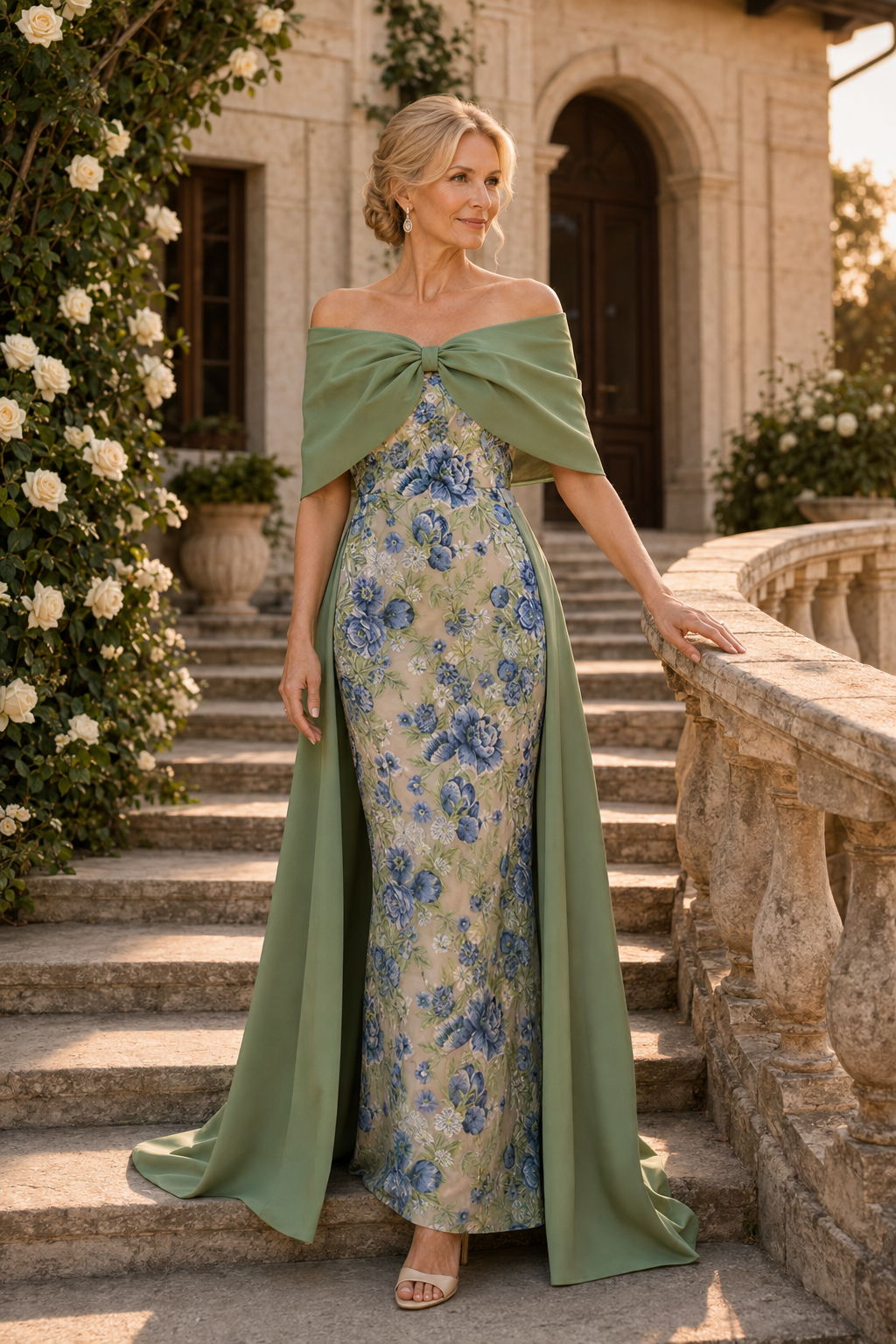 Blumenkleid mit Drapierter Cape-Kragen