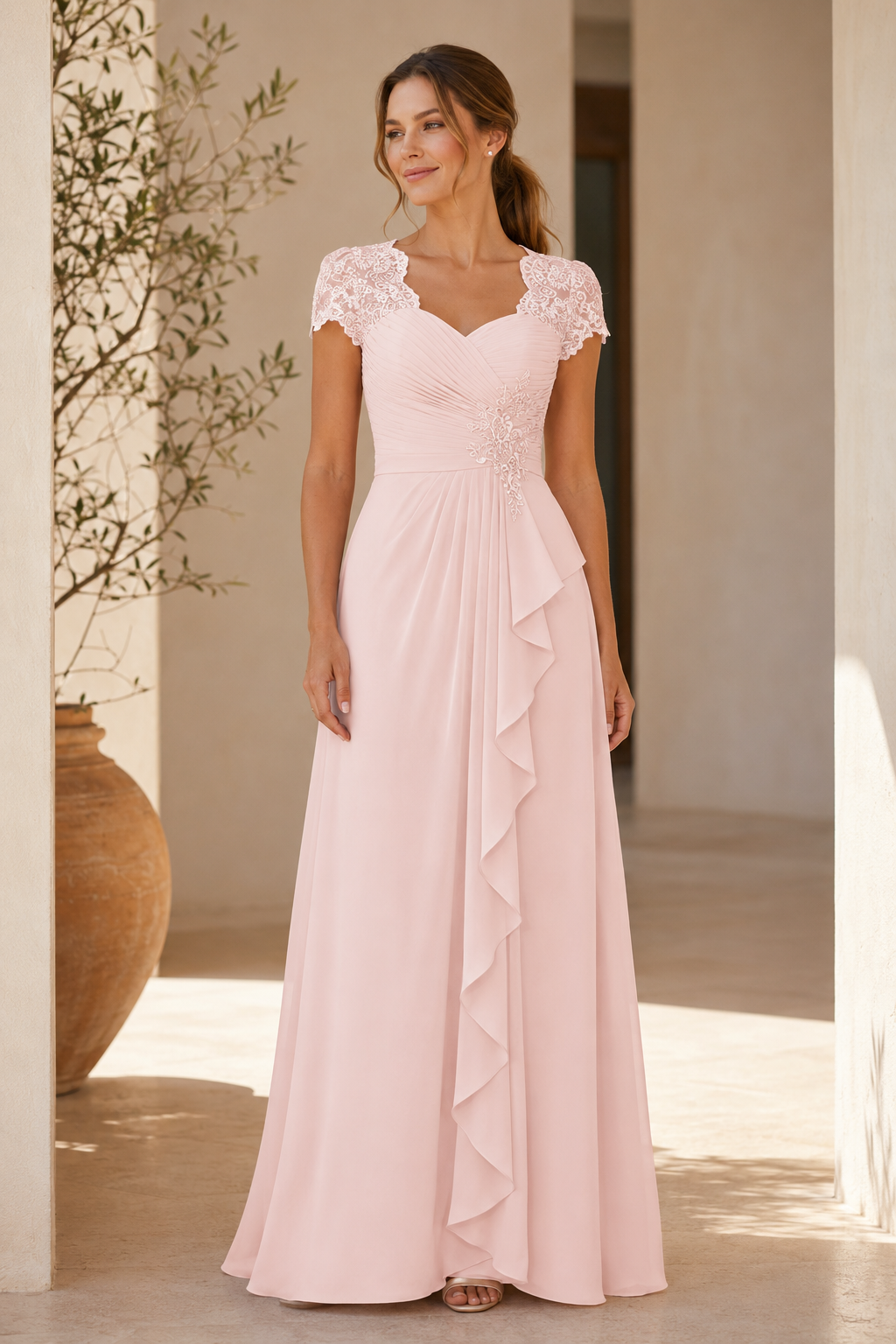 Maxikleid mit Spitzenkappenärmeln, Raffungen und Rüschen