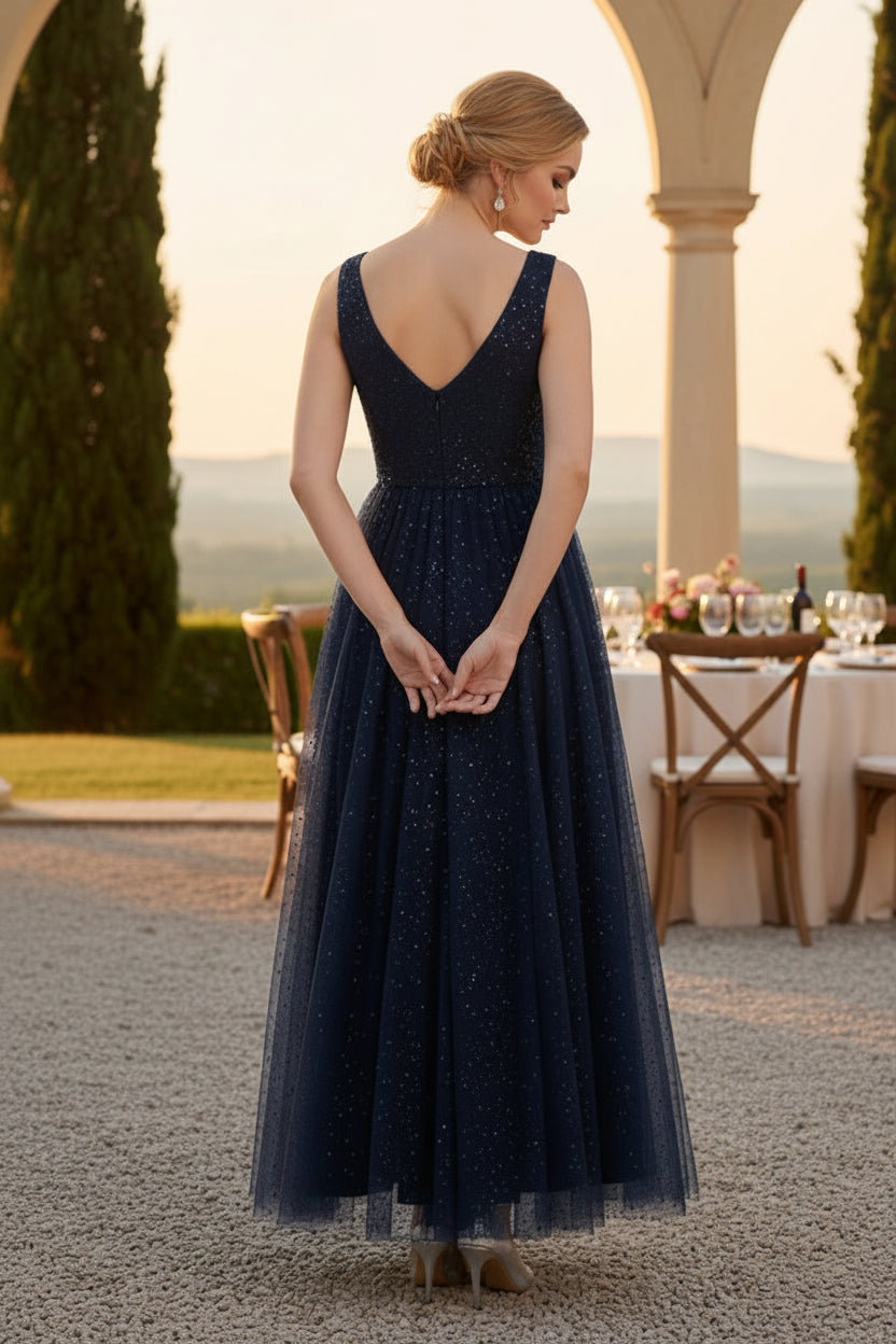 Elegantes V-Ausschnitt A-Linien Tüll-Abendkleid mit Pailletten