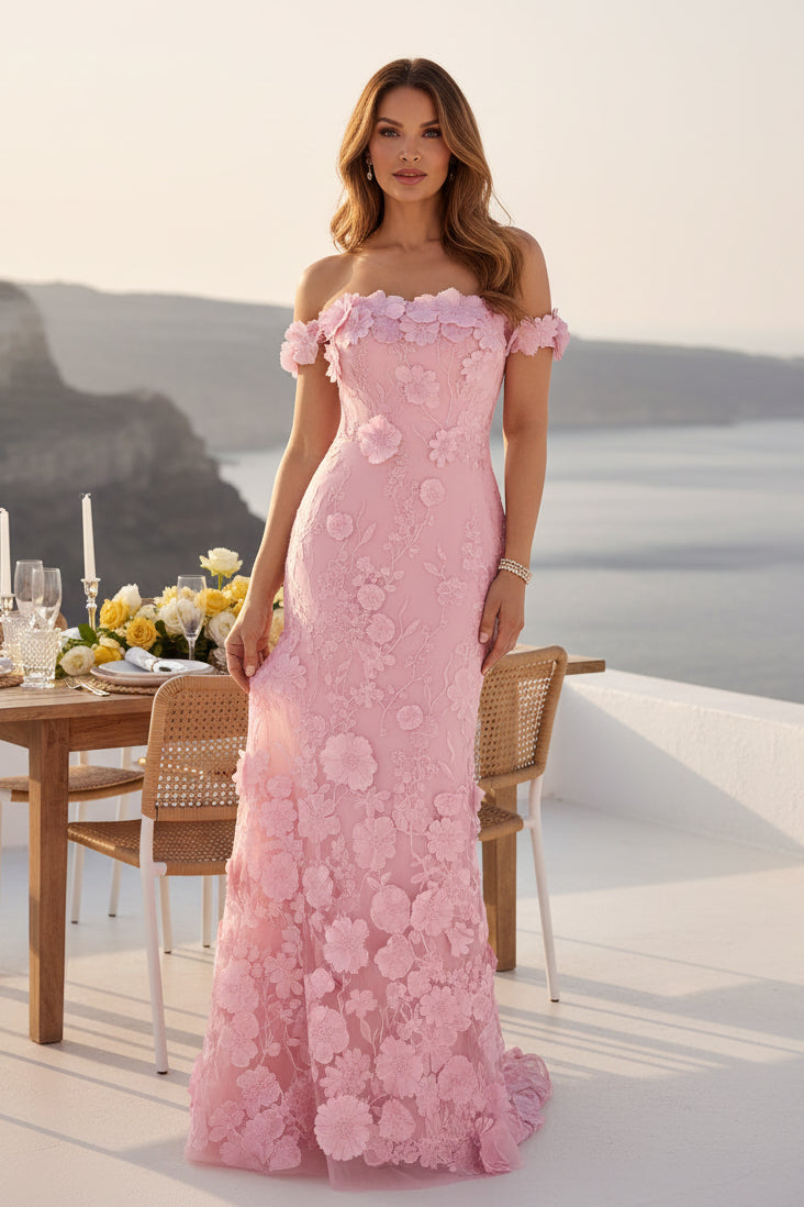 Ärmelloses Abendkleid mit 3D-Blumen-Applikationen und U-Boot-Ausschnitt