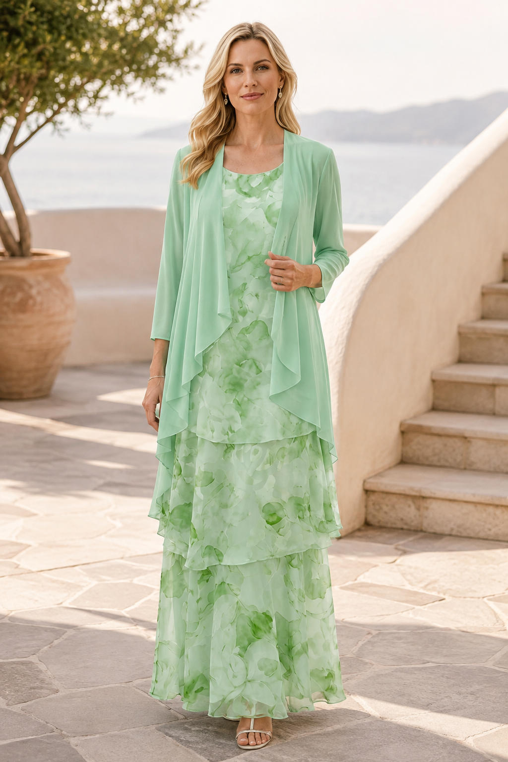Maxikleid mit Blumenmuster und Stufenrock mit passender Jacke
