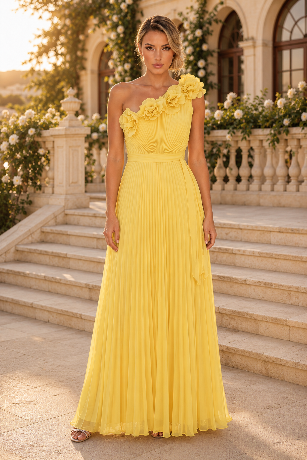 One-Shoulder Blumen-Plissee-A-Linien-Kleid