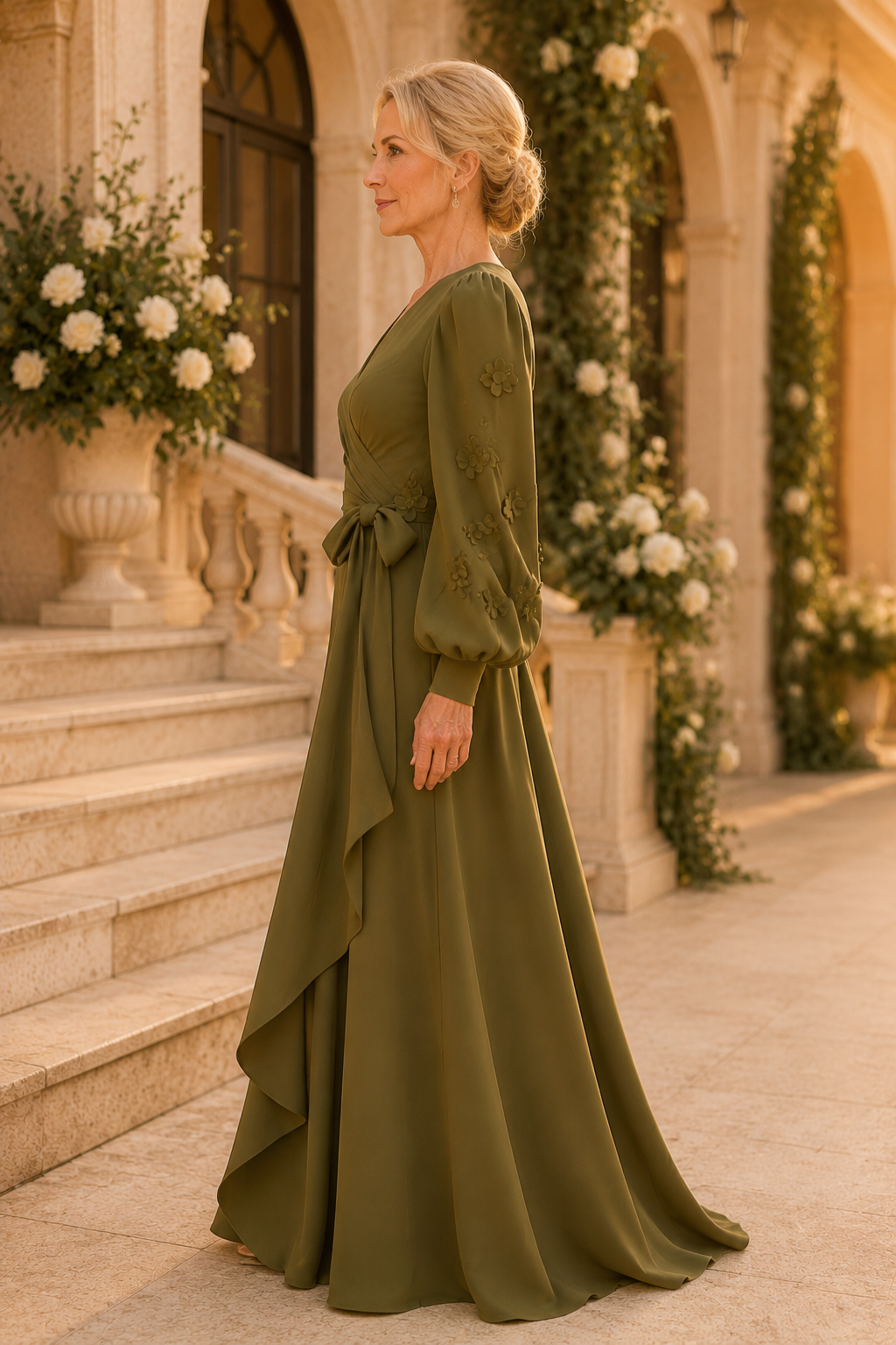 Abendkleid in A-Linie mit Wickeloptik und 3D-Blumenärmeln