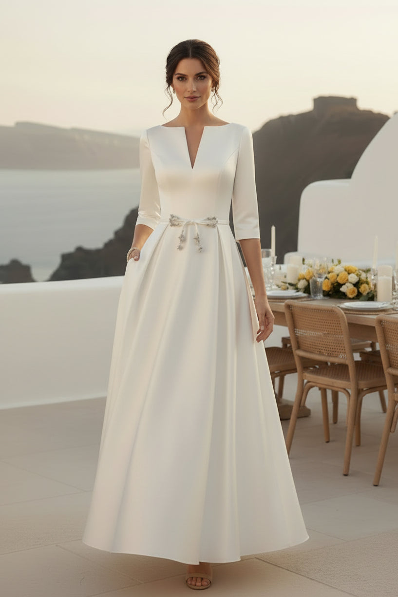 Satin-Midikleid in A-Linie mit 3/4-Ärmeln und Taschen