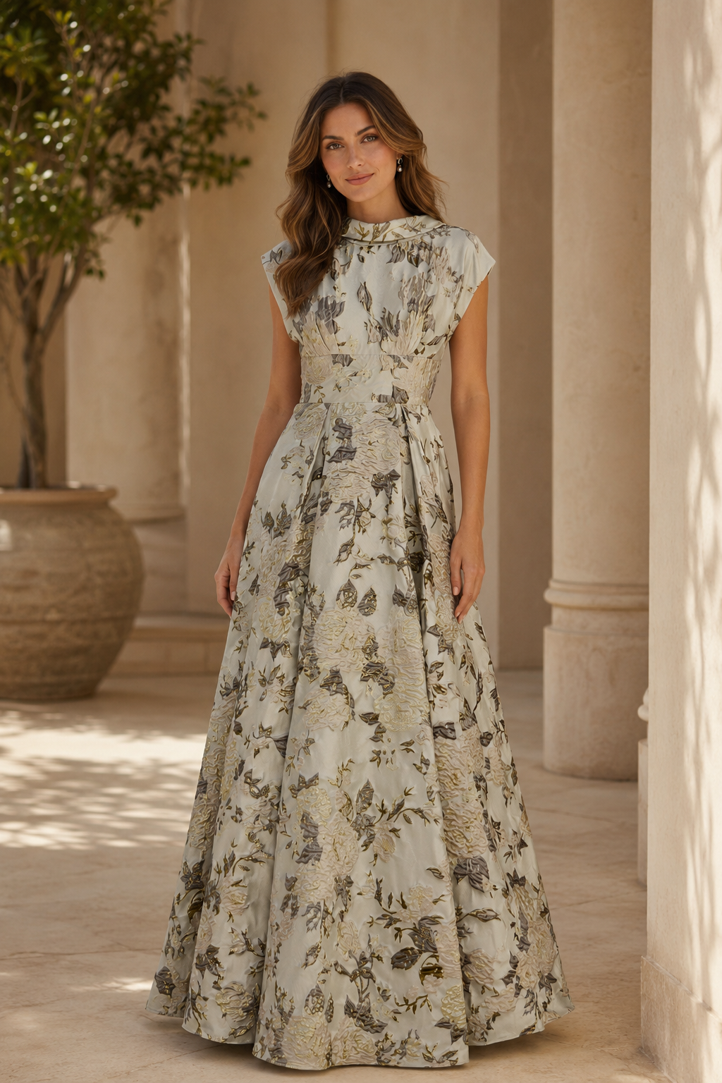 Geblümtes Jacquard A-Linien-Abendkleid mit V-Rücken