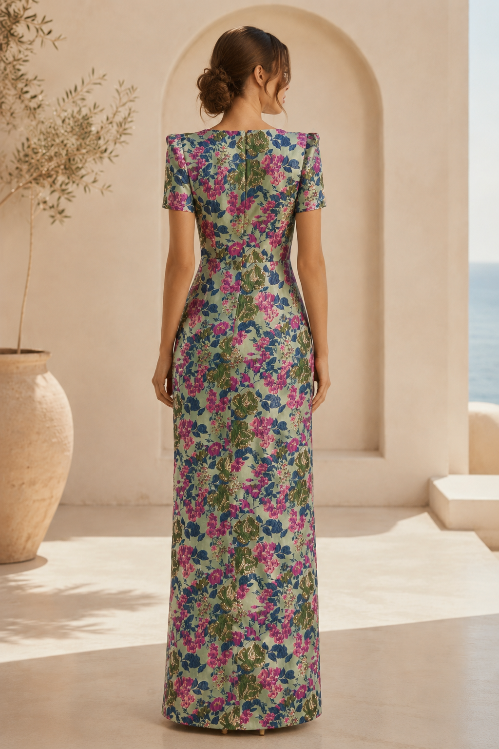 Florales Jacquard-Kleid mit hohem Schlitz