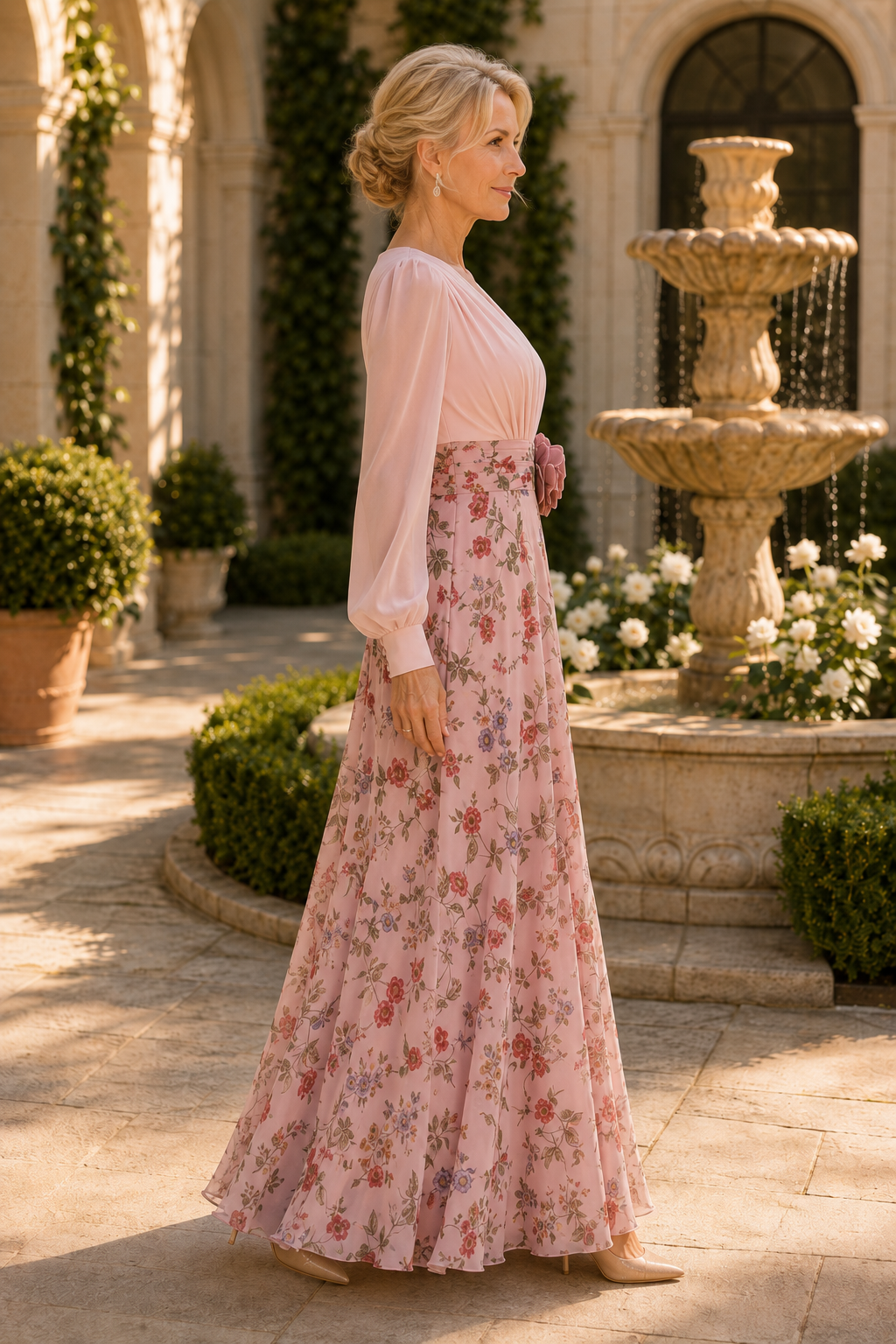 Geblümtes A-Linien-Maxikleid mit langen Ärmeln