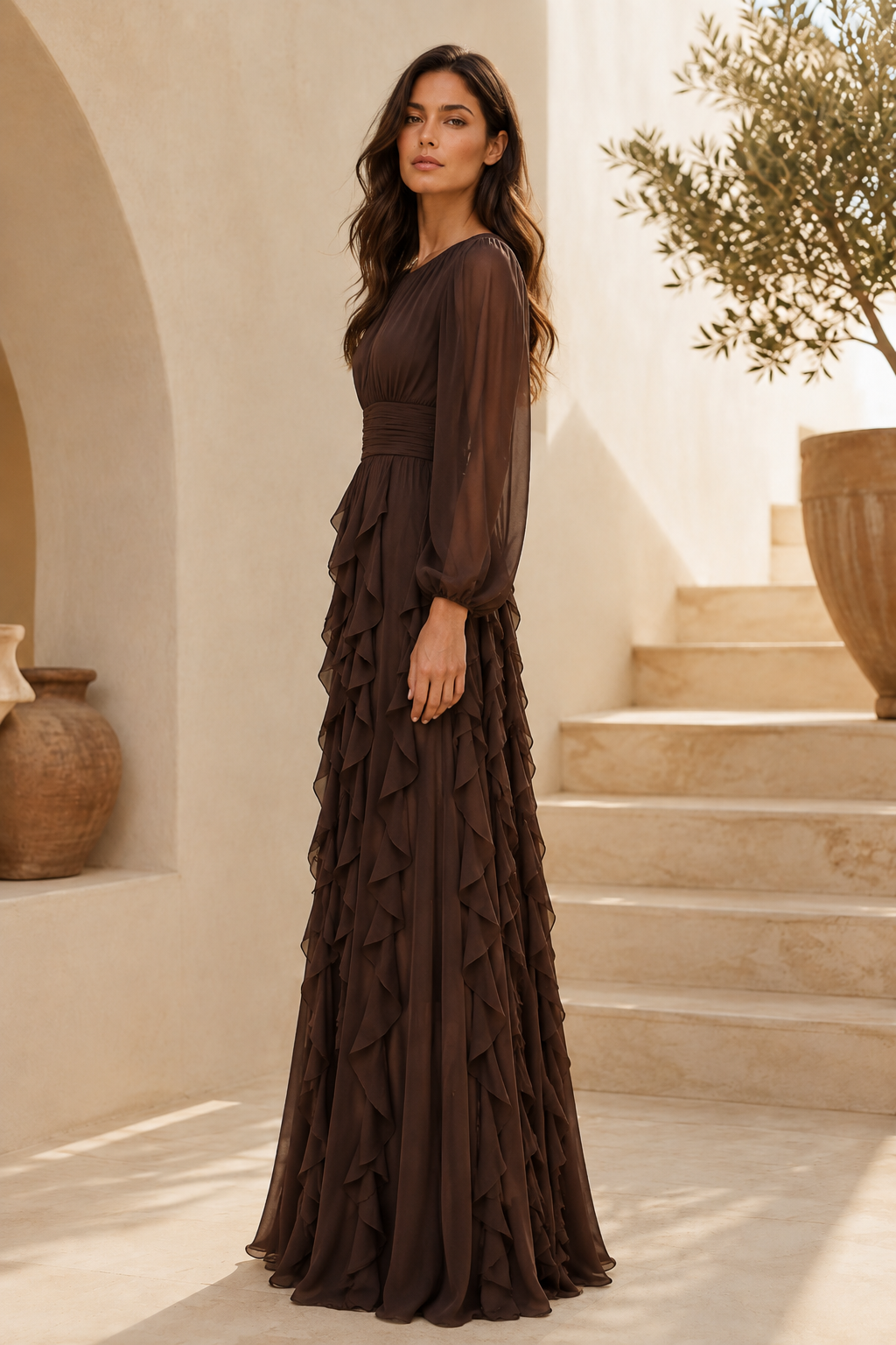 Maxikleid mit langen Ärmeln und gestuften Rüschen
