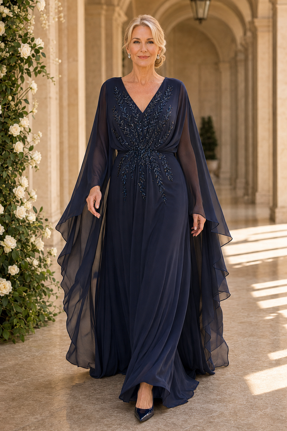 Perlenbesetztes Abendkleid mit V-Ausschnitt und Cape-Ärmeln