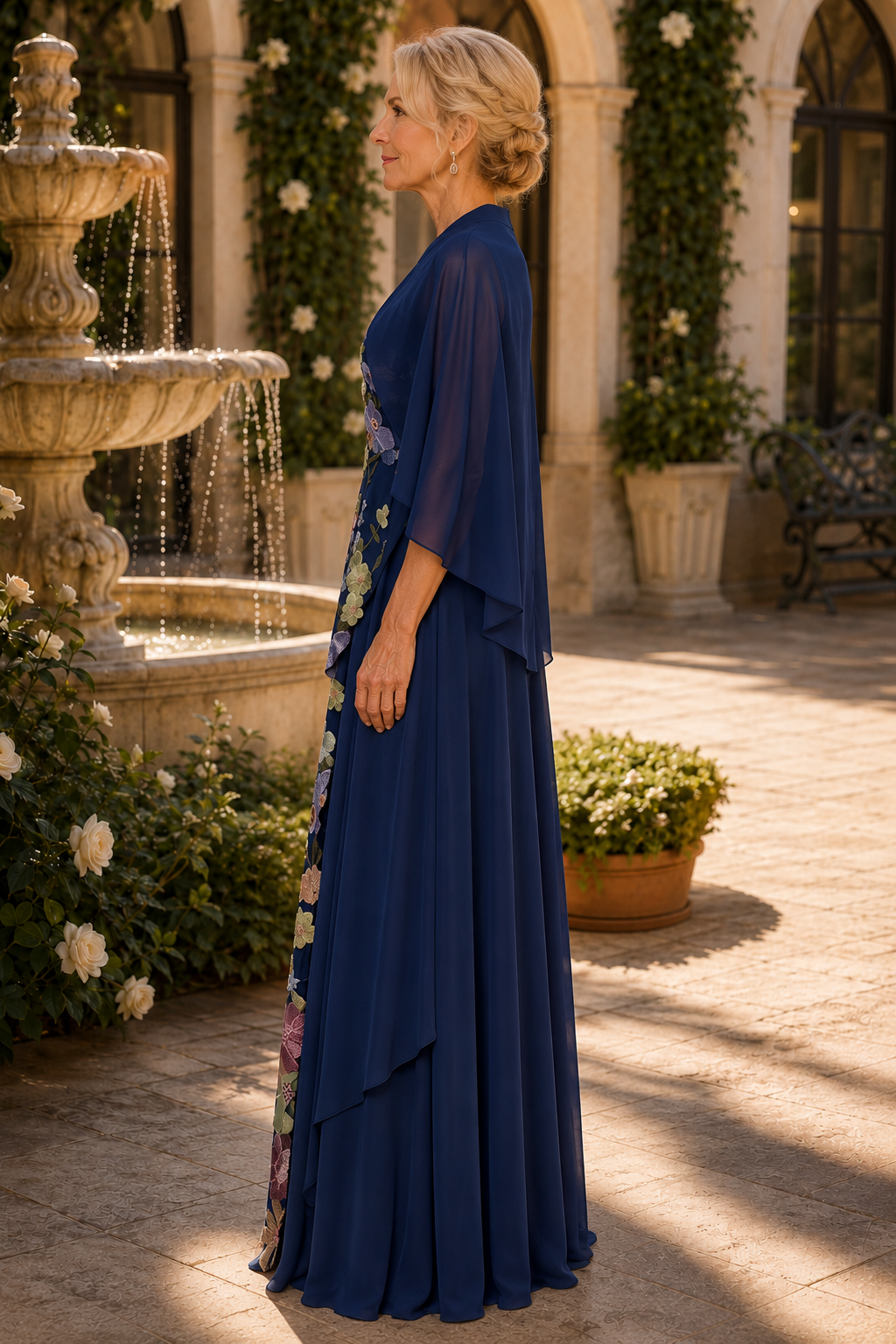 Geblümtes, besticktes Capelet-Kleid mit drapiertem Überwurf