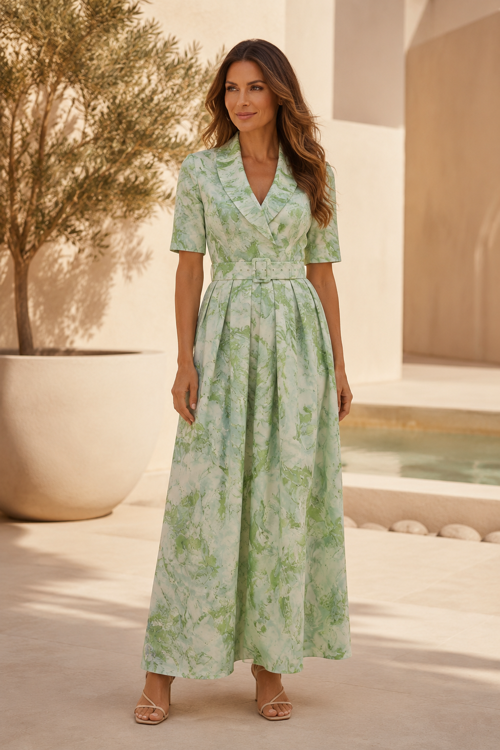 Plissiertes Midi-Kleid mit Kragen und Gürtel