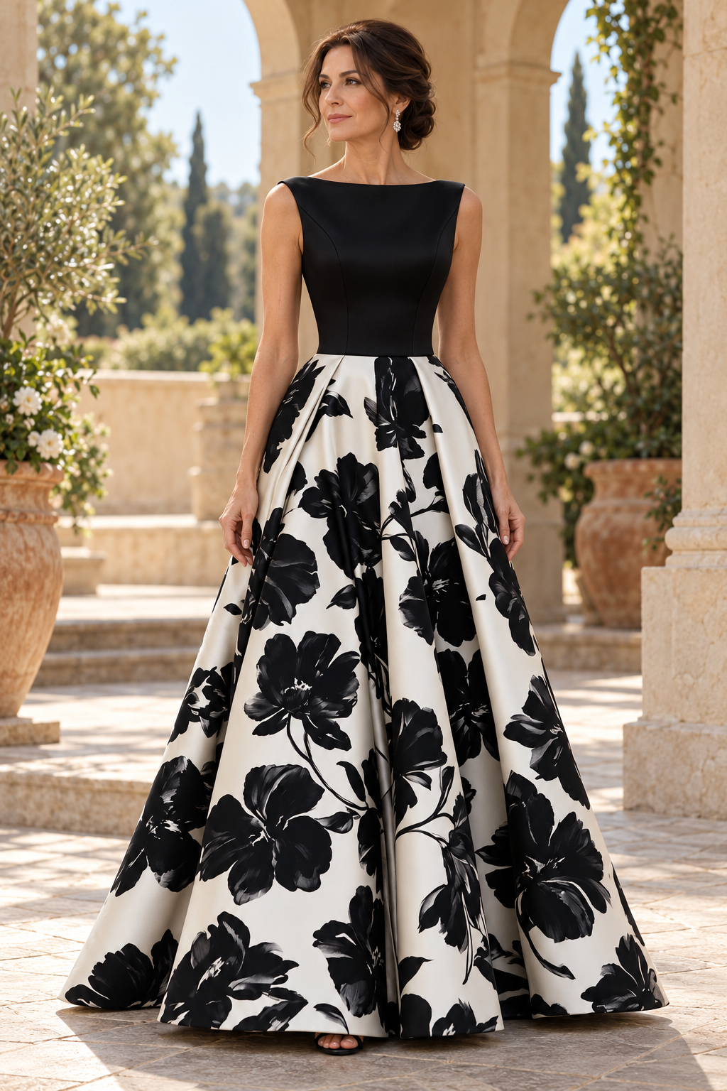 Bateau Neck Floral A-Line Evening Gown