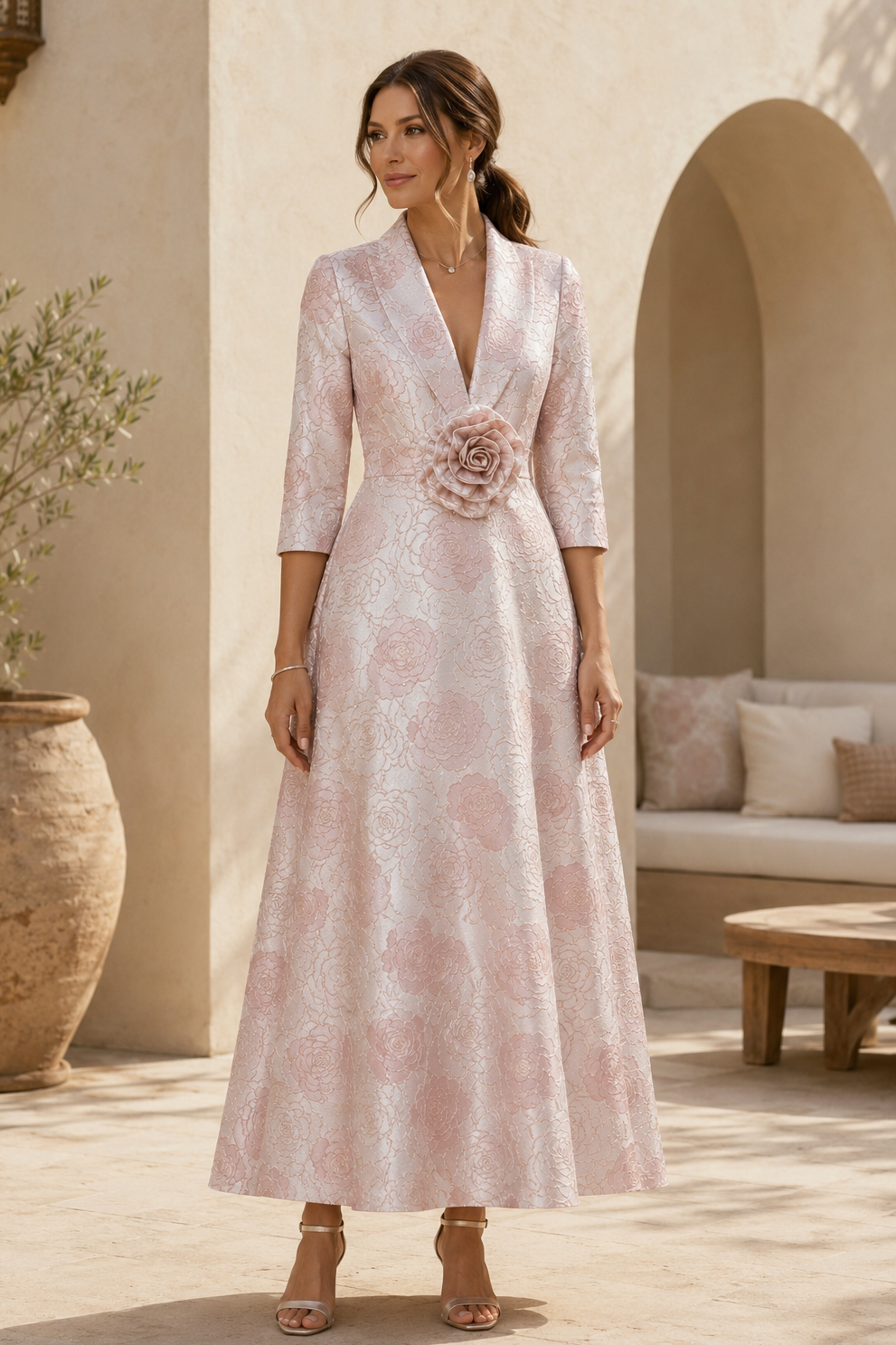 Geblümtes Jacquard A-Linien-Kleid mit 3D-Rose