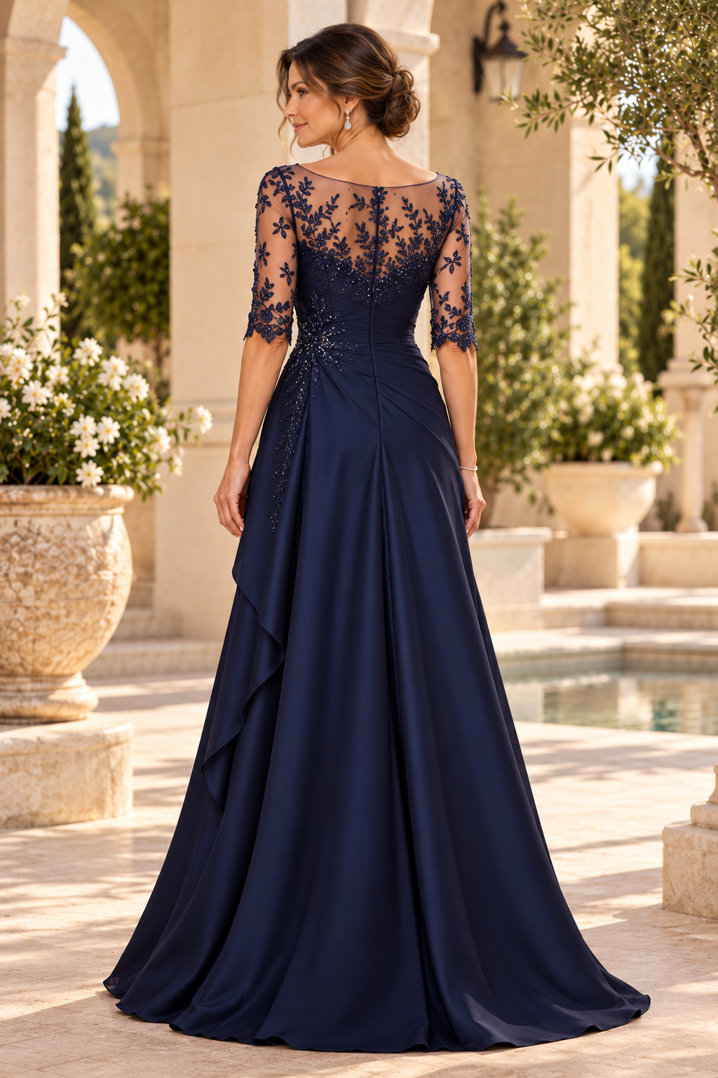 A-Line Gown with Illusion Neck & Side Drape