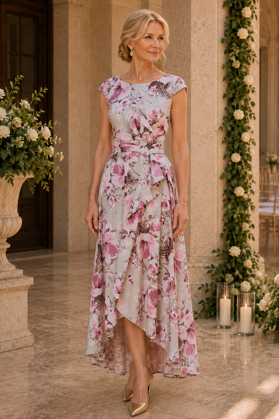 Geblümtes High-Low A-Linien-Kleid mit Flügelärmeln