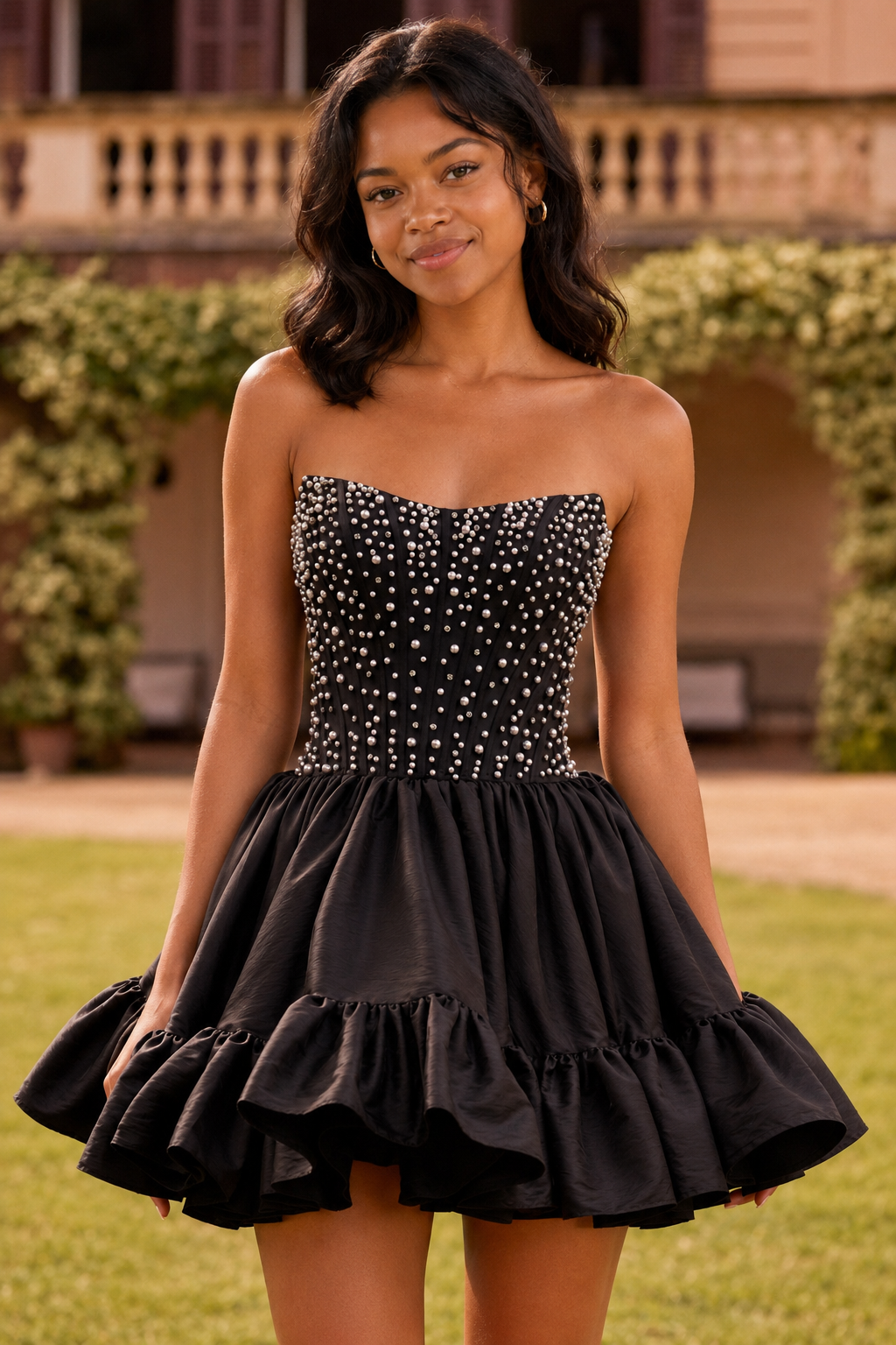 Trägerloses Perlenkorsett-Minikleid mit Rüschenrock