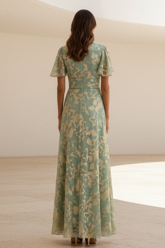 Metallic-Jacquard-A-Linien-Kleid mit Flatterärmeln