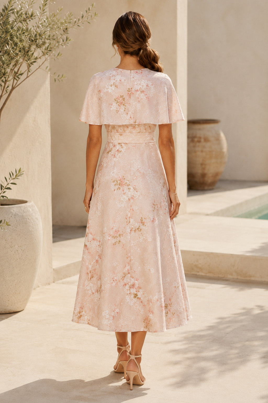 Geblümtes Jacquard-Midikleid mit Cape-Detail