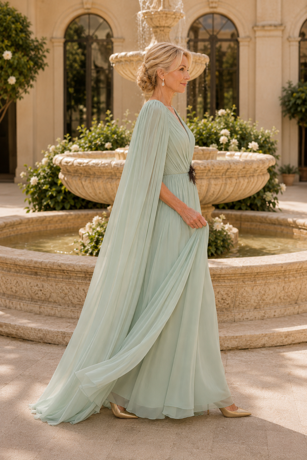 Plissiertes Abendcapekleid mit Federbesatz