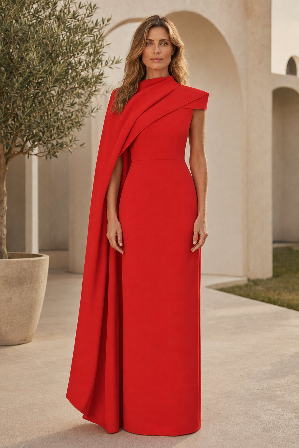 Asymmetrisches, hochgeschlossenes Etui-Abendkleid mit Cape