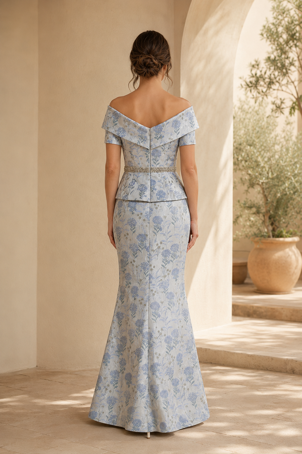 Schulterfreies Peplum-Jacquard-Meerjungfrauenkleid