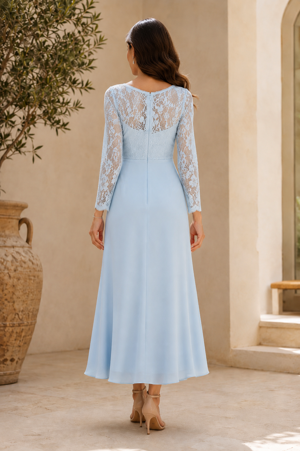 Spitzenärmel Wickel-V-Ausschnitt High-Low Festliches Kleid