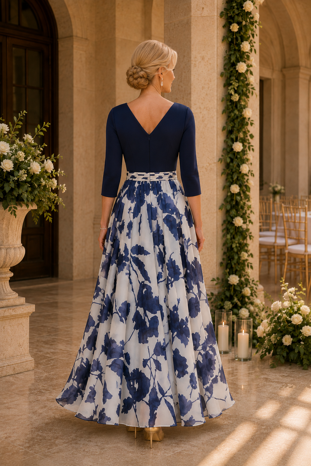 Geblümtes A-Linien-Kleid mit 3/4 Ärmeln