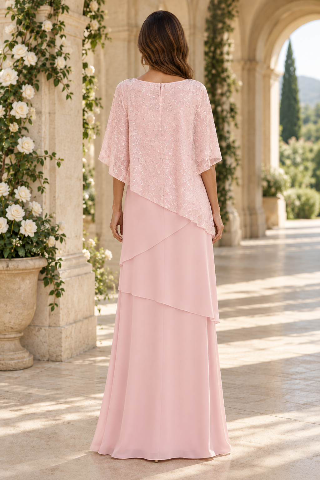 Tiered Maxi Dress with Sequin Lace Poncho Cape