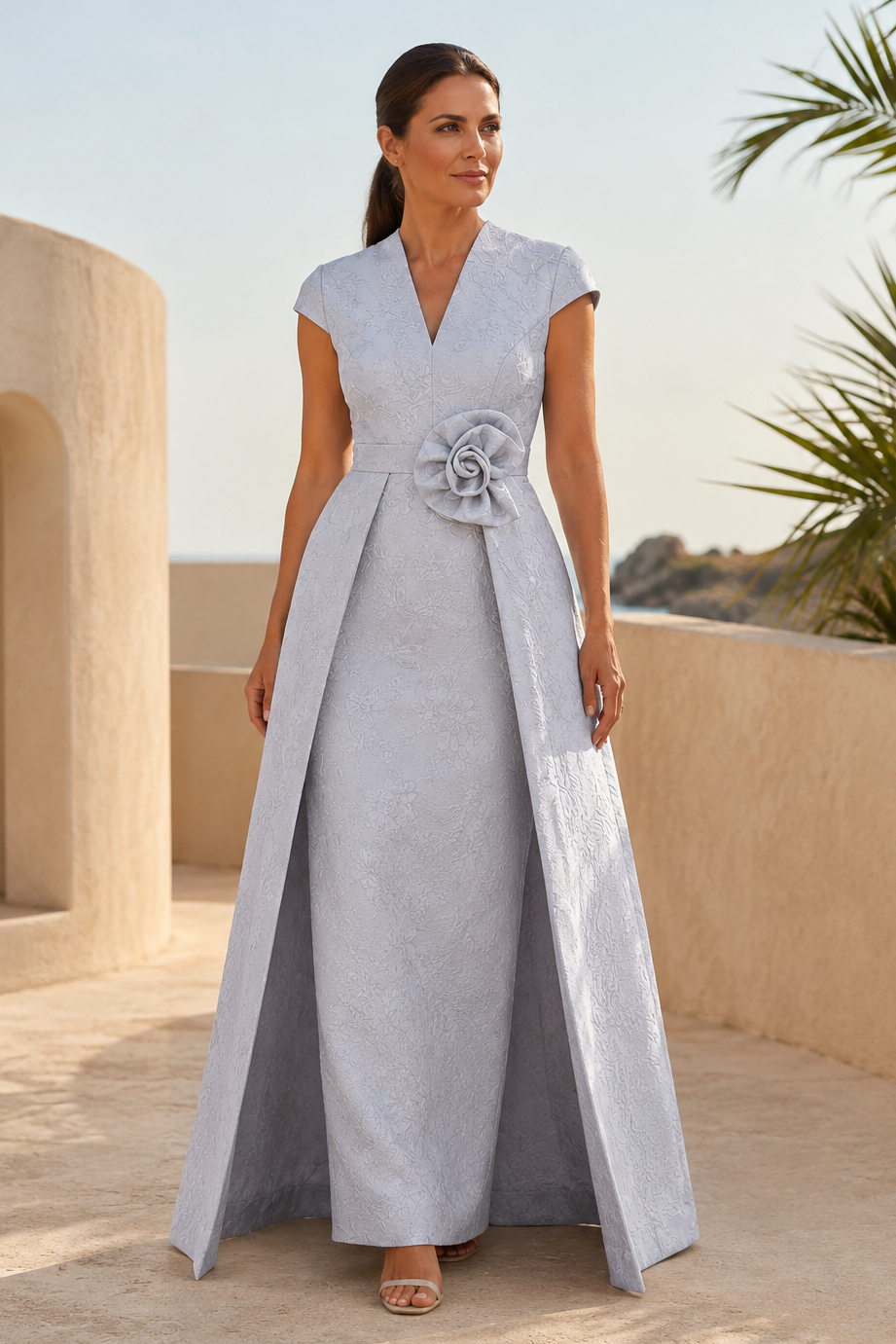 Jacquardkleid mit V-Ausschnitt und 3D-Blume
