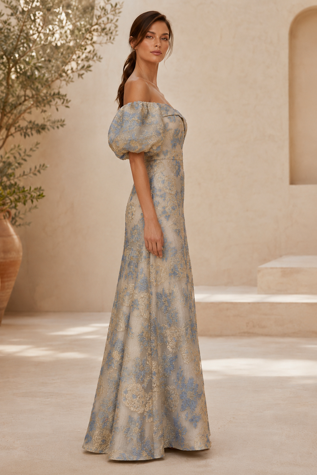 Jacquard-A-Linien-Kleid mit Carmen-Ausschnitt und Puffärmeln