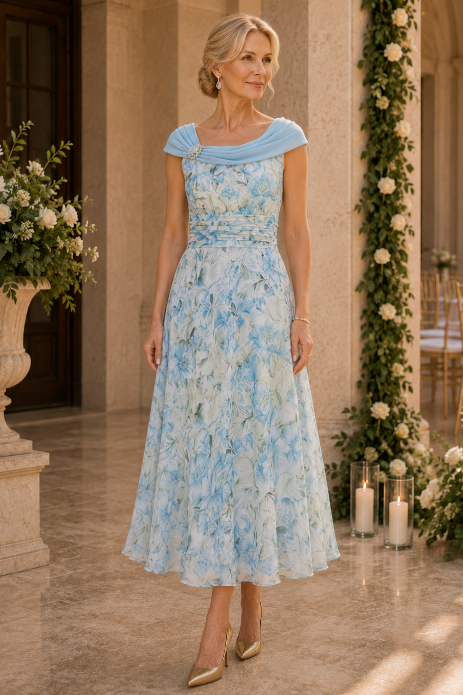 Blumen-Teelängenkleid mit drapiertem Ausschnitt