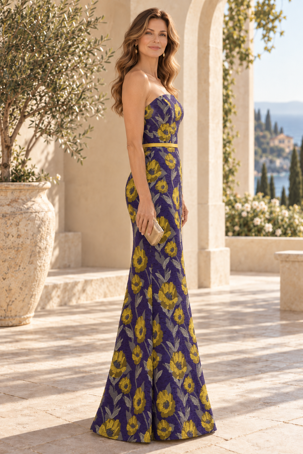 Strapless Floral Jacquard Evening Gown with Belt