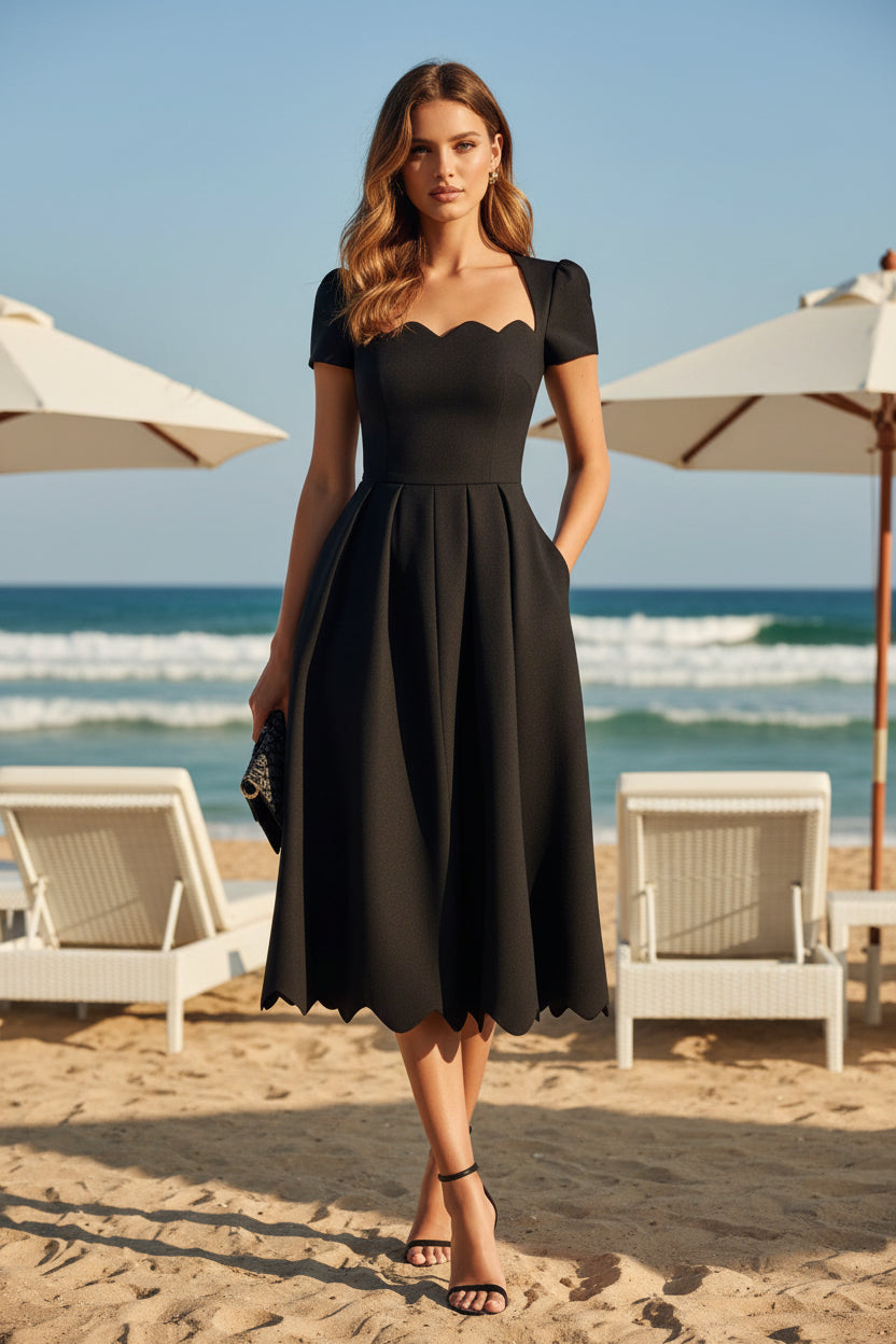 Elegantes Midikleid in A-Linie mit Wellensaum und Taschen