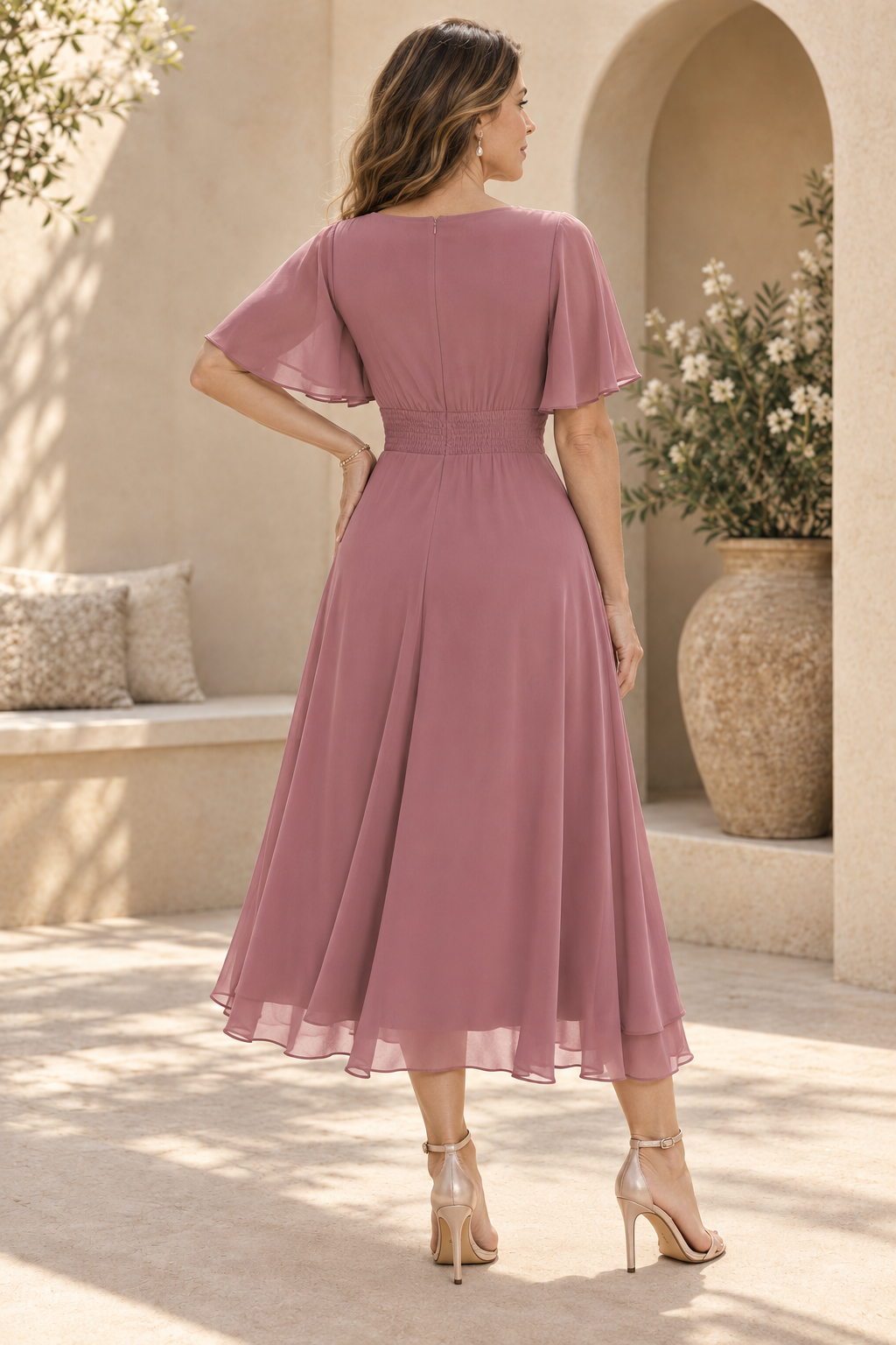 Pleated Square Neck Midi Dress with Flutter Sleeves